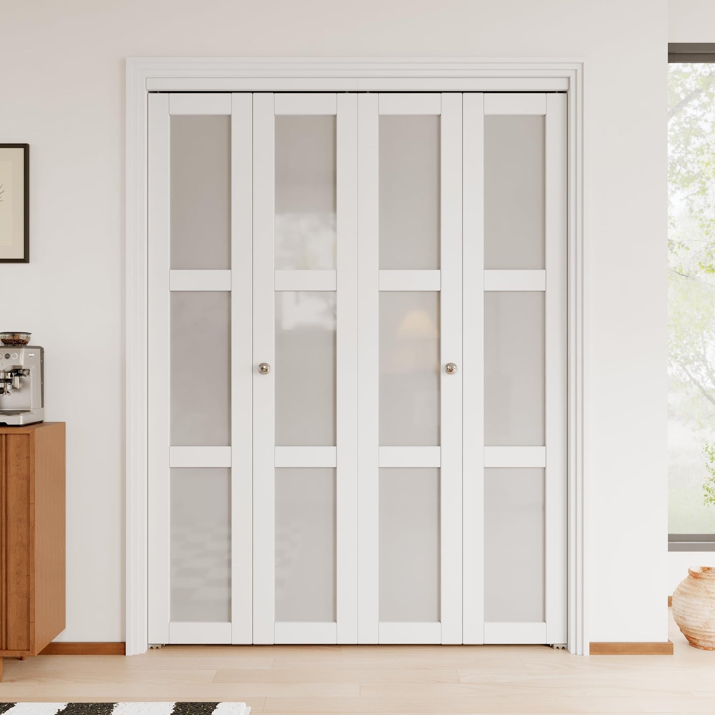 Bifold Doors, 64"x 80" 3-Lite Tempered Frosted Glass Closet Doors with Sliding Hardware Kit, Interior Bi Fold Door for Pantry, Solid Build Quality & Easy Install, White