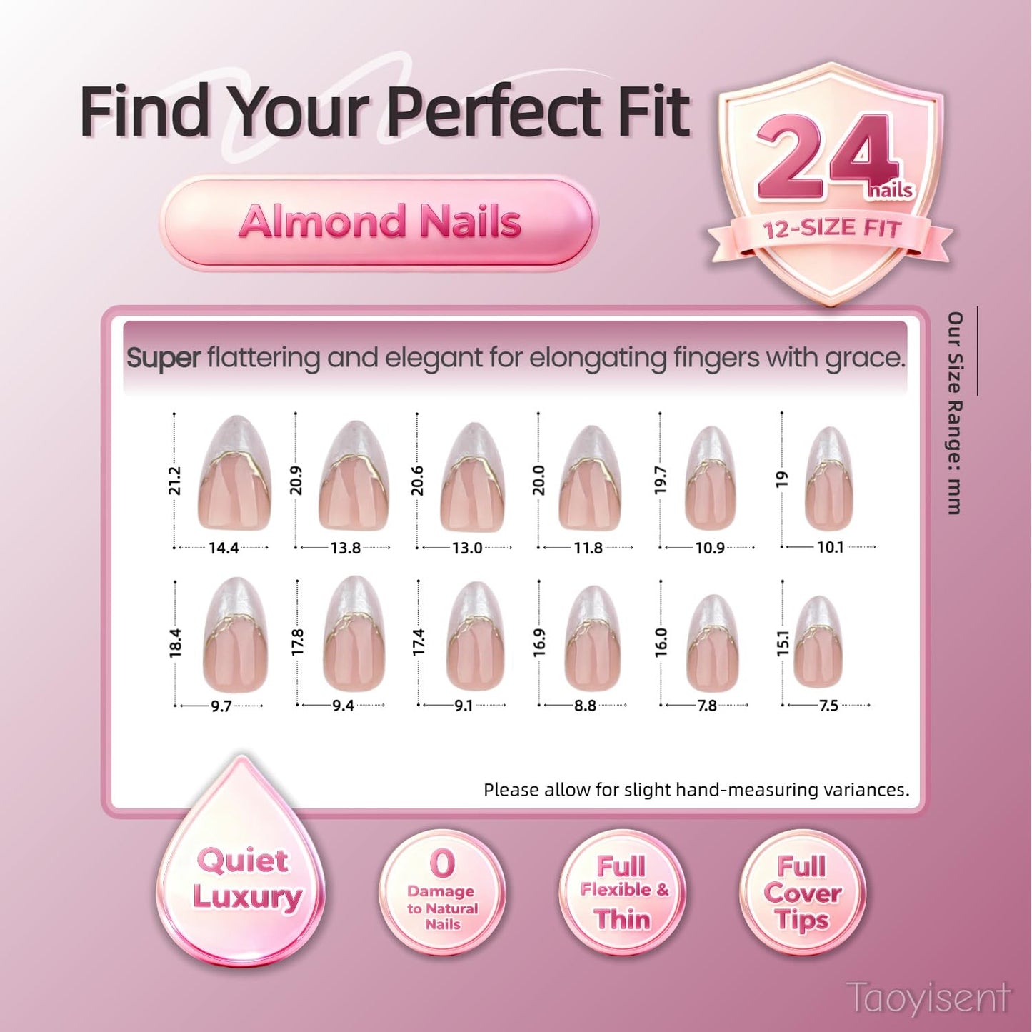Taoyisent 3D Nude Pink Marble French Press On Nails with Gold Accent, Elegant Almond Shape Fake Nails for Women, Glossy Gradient Design, Easy to Apply, 24Pcs Nail Kit