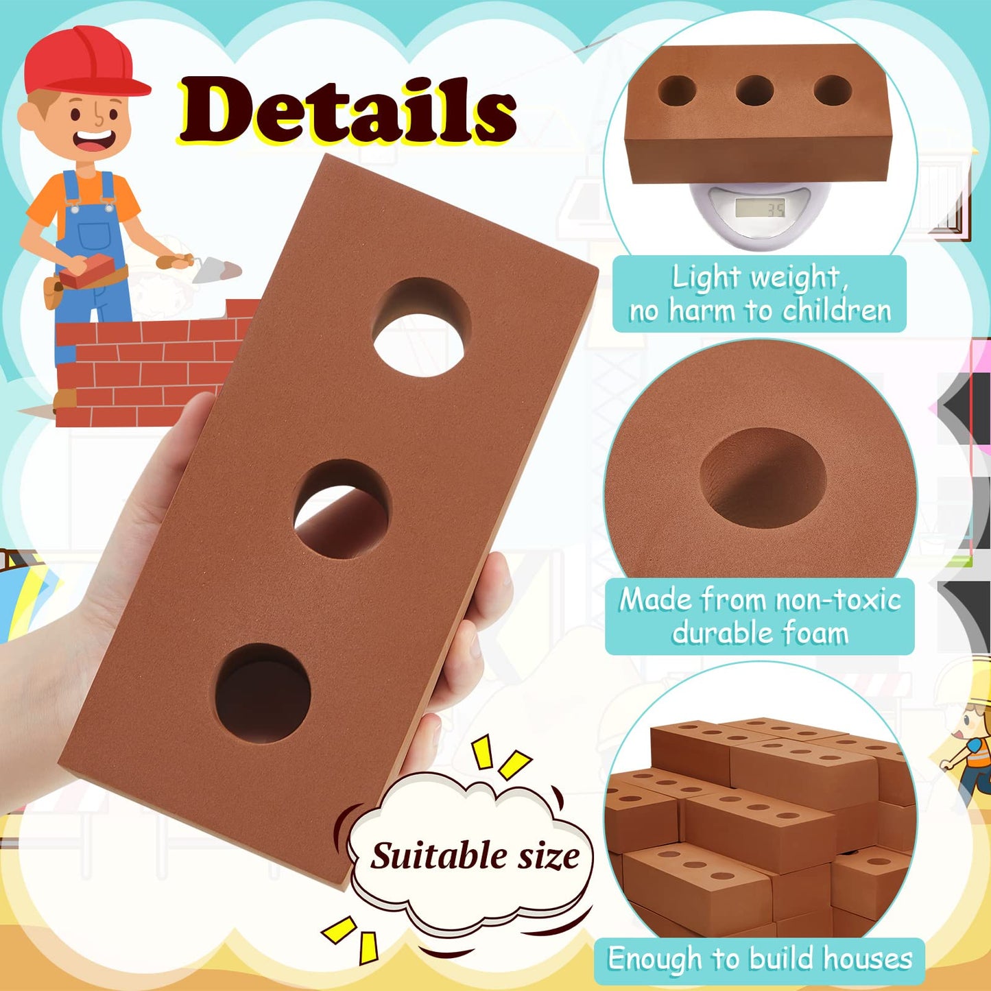 Deekin Foam Brick Building Blocks for Kids Thick Blocks Foam Large Fake Brick Construction Toy for Stacking Construction Gifts, 8 x 4 x 2.4 in(80 Pcs,Circle Holes)