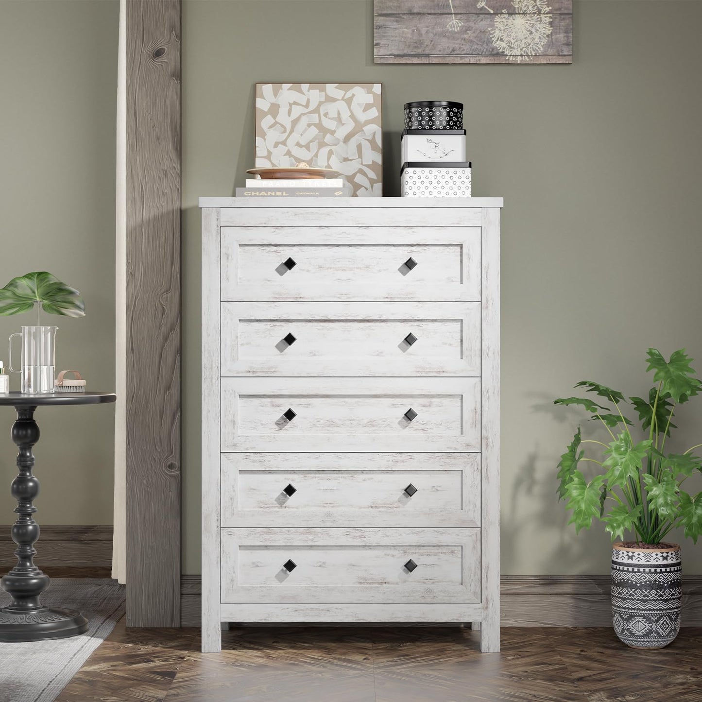 AMERLIFE Farmhouse 5 Drawers Dresser for Bedroom, Wood 47" Tall Dresser for Closet, Natural Texture Chest of Drawers for Bedroom, Living Room, Hallway and Entryway, Distressed White