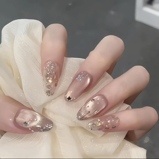 LOHAS Home Handcrafted Dreamy Fairy Wand Bling-Bling Glitter Wearable Nails Reusable Almond-shaped Nail, Stars & Moons, S