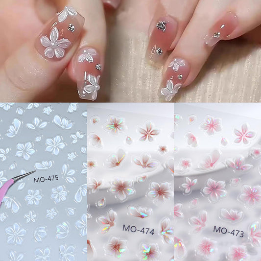 3 Sheets Flowers Nail Art Stickers Decals 5D Embossed Self-Adhesive Nail Decals White Pink Brown Floral Designs Spring Summer Supplies for Acrylic Nails DIY Women Manicure Decoration Accessories