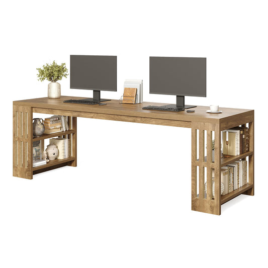 LITTLE TREE 78.7" Long Desk, 2 Person Desk with Shelves, Large Wooden Computer Desk, Heavy Duty Shelf Legs Design for Two Person Home Office, Business, Workstation, Natural (78.7" W x 23.6" D)