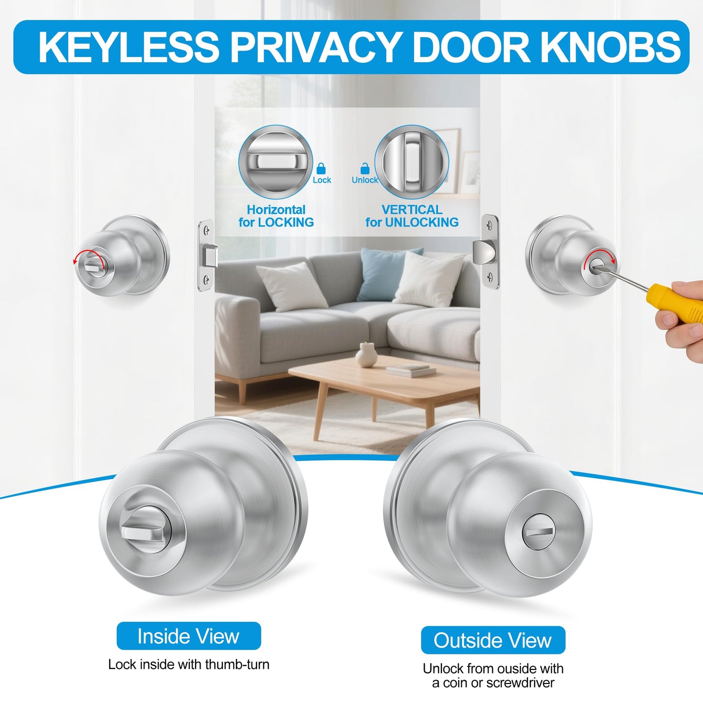 Plustool 5 Pack Privacy Door Knobs Interior, Satin Nickel Doorknob with Lock -ANSI Grade-3 Certified, Keyless Door Locks for Bedroom,Bathroom, Modern Heavy Duty Handle with Round Ball, Easy to Install