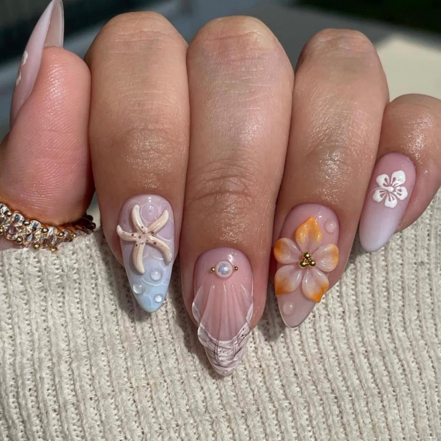 French Tips Press on Nails Medium Almond Fake Nails with 5D Flower Charm Design Glossy Ombre Pink Nails Press on Reusable Starfish Pearl False Nail Spring Summer Nail for Women Manicure 24Pcs