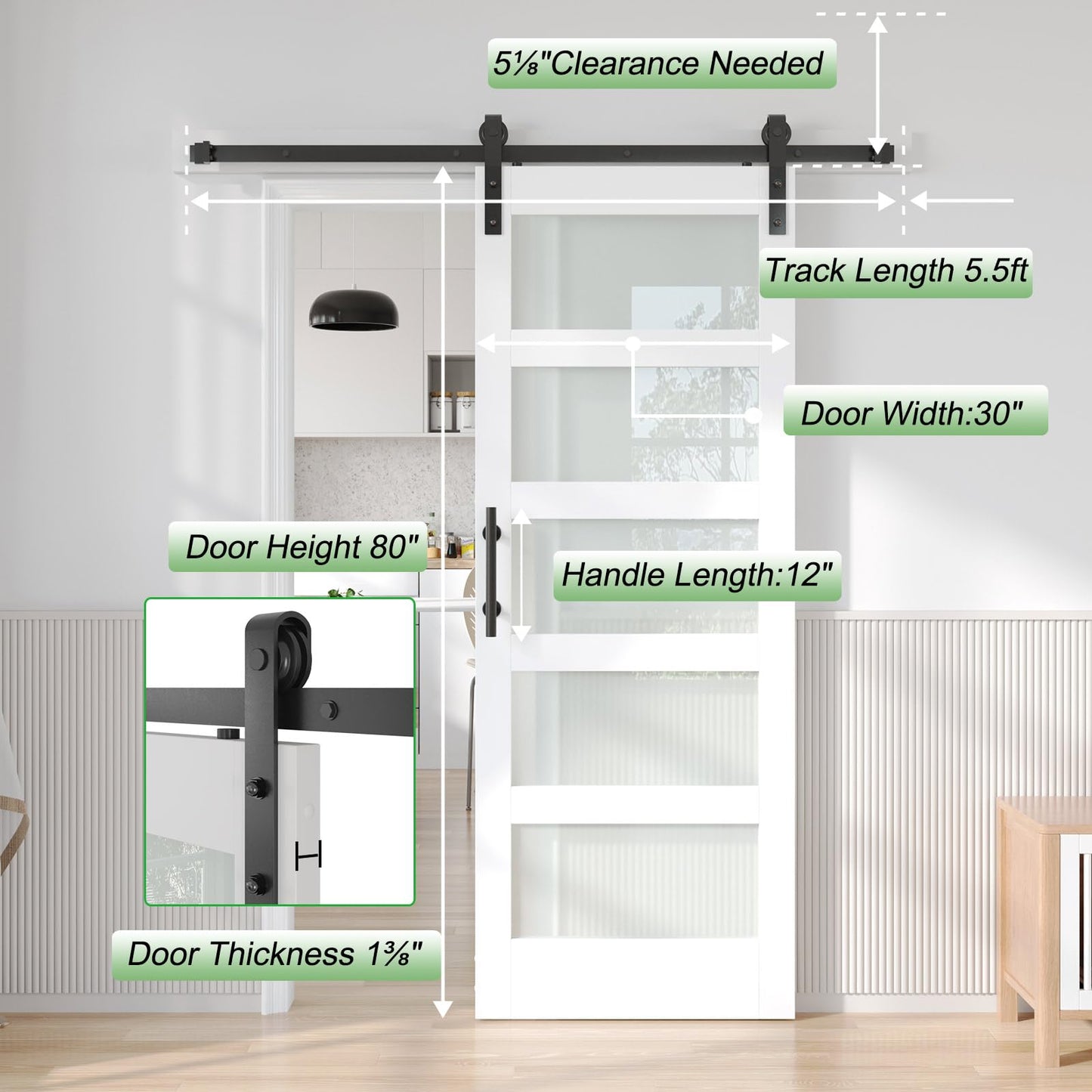 Fredbeck 30x80 White Glass Barn Door with 5.5FT 66inch Sliding Doors Hardware Kit Included,PVC Surface,Water-Proof,Water-Proof,Easy to Assembly