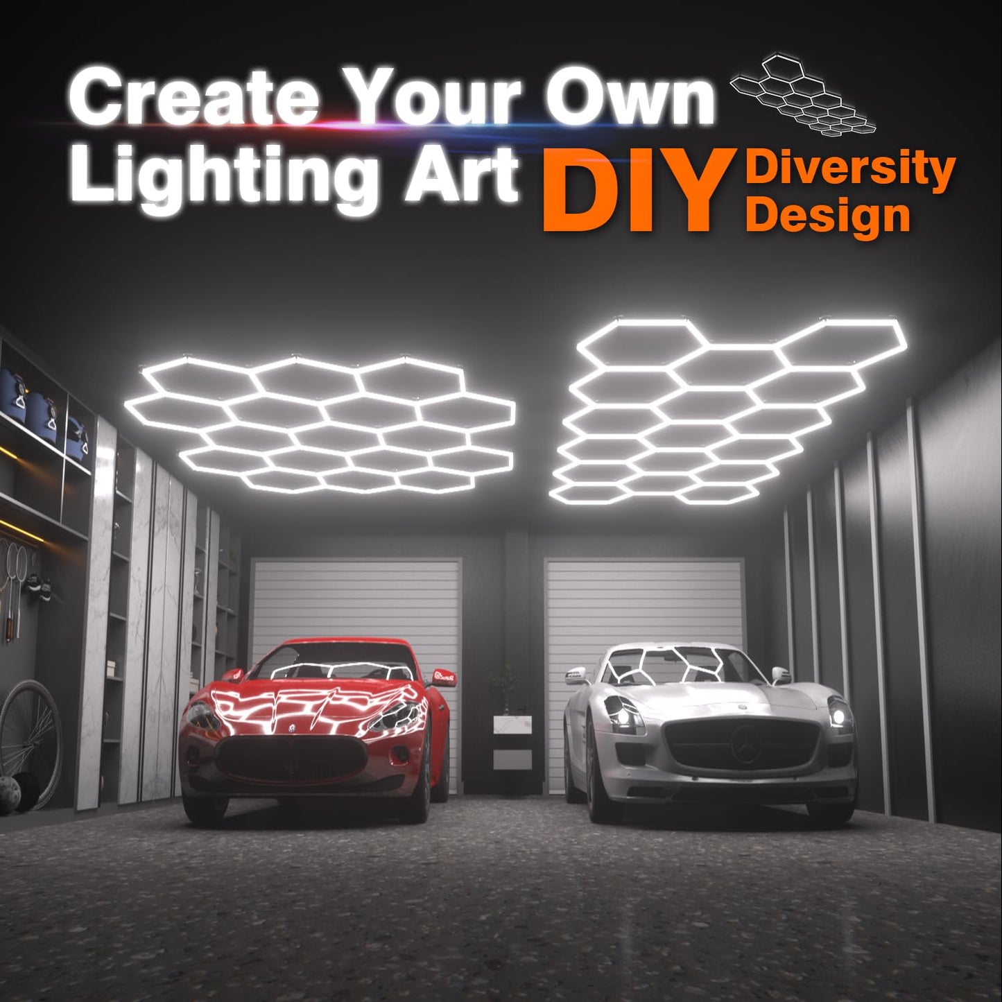 Litezone Hexagon Garage Lights : 3 Level Dimmable 476W Tube 17 Grids Hexagon LED Lights - Easy Install 6500K Super Bright Hex Lights for Warehouse, Car Detailing Shop, Exhibition Hall, Gym