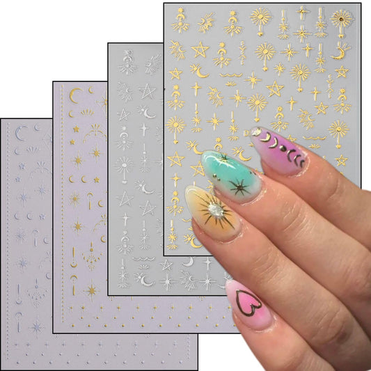 Gold and Silver Nail Stickers Star Moon Sun Nail Decals Celestial Galaxy Design Self Adhesive Nail Art Stickers for Women Nails Art Supplies Decoration 4 Sheets WYFHDT