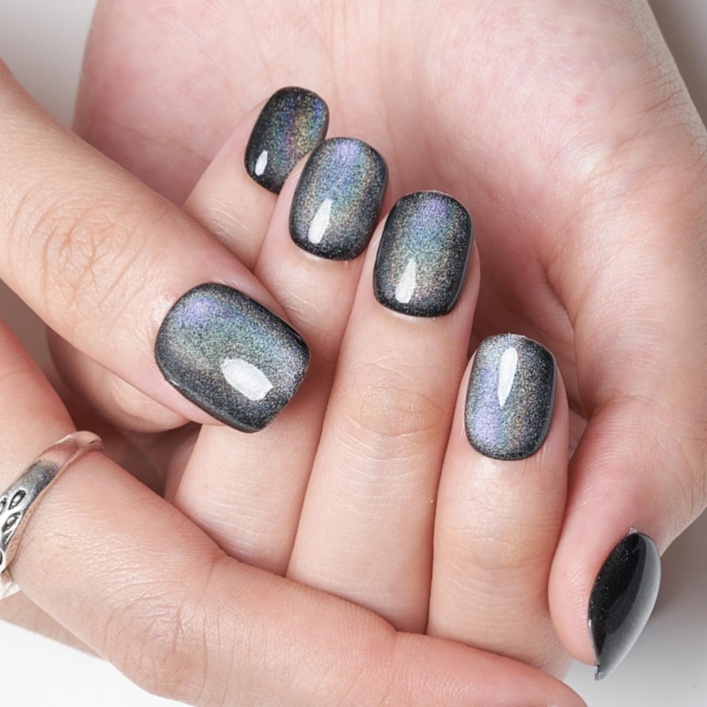 GLAMERMAID Laser Black Short Press on Nails, Aurora Cat Eyes Handmade Extra Short Squoval Glue on Nails for Women, Square Soft Gel Fake Nails, Round Reusable Acrylic False Nails Manicure Kit for Women