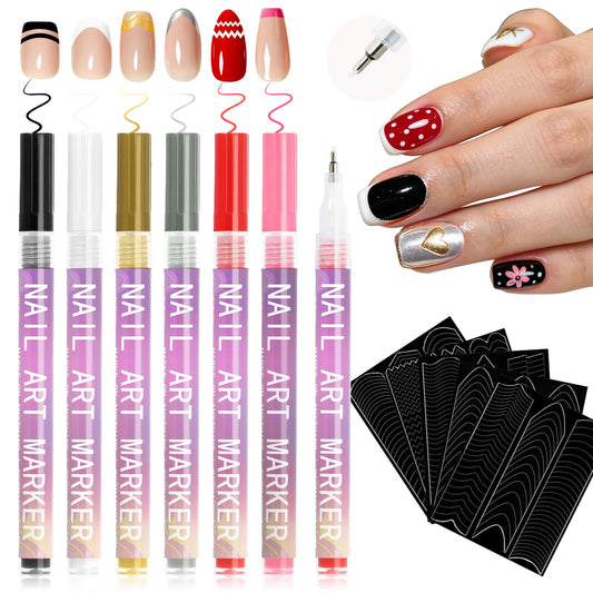 Noerrors 6 Colors Nail Art Pens Kit with French Tip Stickers, Nail Art Markers Polish Pen for 3D Nail Art, 0.5MM Quick-Drying Acrylic Paint Markers Drawing Pens for DIY Home & Salon Manicure Tools