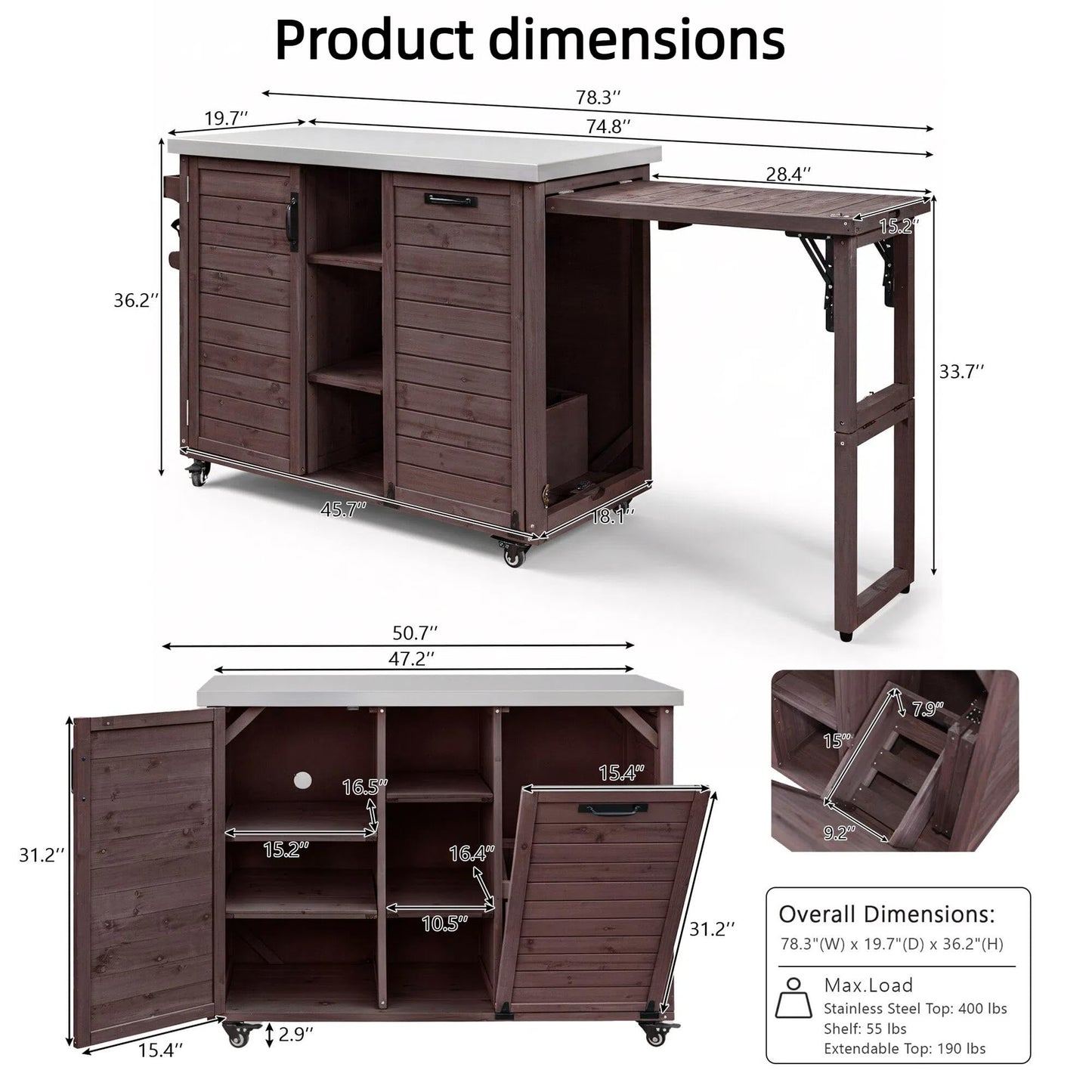 Trygoal 78.2" Outdoor Kitchen Island with Foldable Grill Table & Stainless Steel Top, Rolling Kitchen Cart with Trash Can Storage, Multifunctional Outdoor Grill Table for Lawn & Garden, Dark Brown