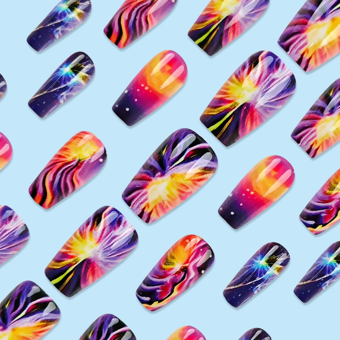 Short Coffin Press on Nails Colorful Fake Nails Firework Acrylic Nails Glossy Full Cover Nails Press ons Purple & Blue Reusable Stick on Nails for Women 24 Pcs