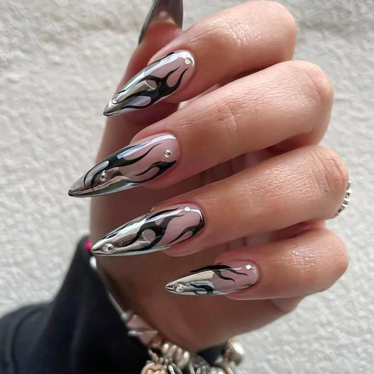 RUOKEXIN Long Stiletto Press on Nails French Tip Fake Nails Silver False Nails with Designs Almond Nail Press ons Sparkly Artificial Nails for Women 24Pcs