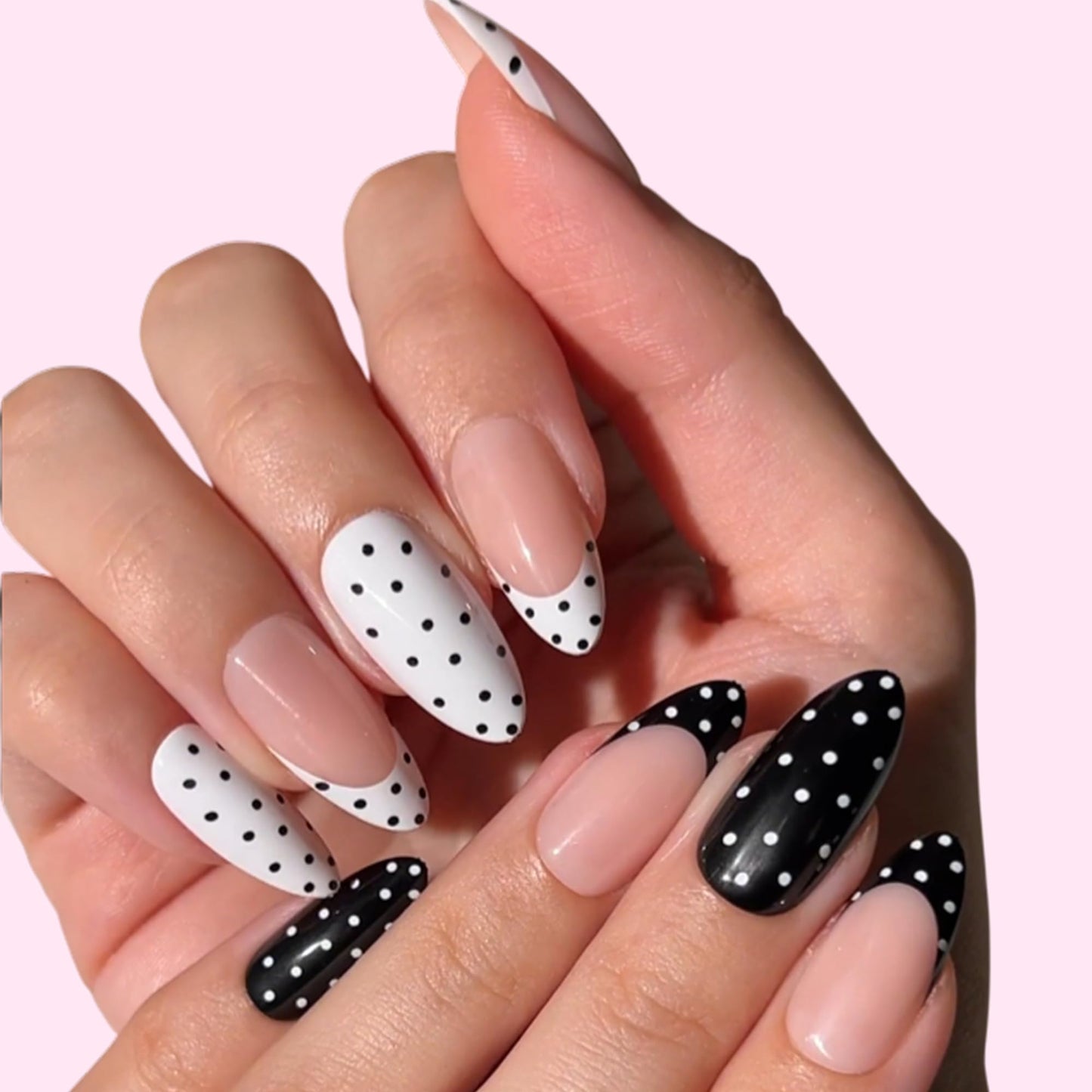 PaintLab Press On Nails - Polka Dot Couture Black & White Almond Fake Nails, 30 Nails in 15 Sizes with Glue, Reusable Salon Quality Polka Dot Press on Nails