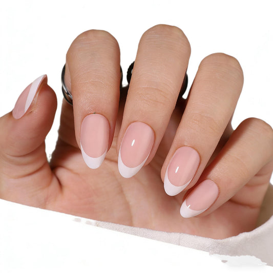 Nude French Tip Short Almond Press on Nails, Classic White Tip Fake Nails Kit with Glue, Reusable Gel Nails for Daily Wear, Date, Office - 32 Pcs & 16 Sizes