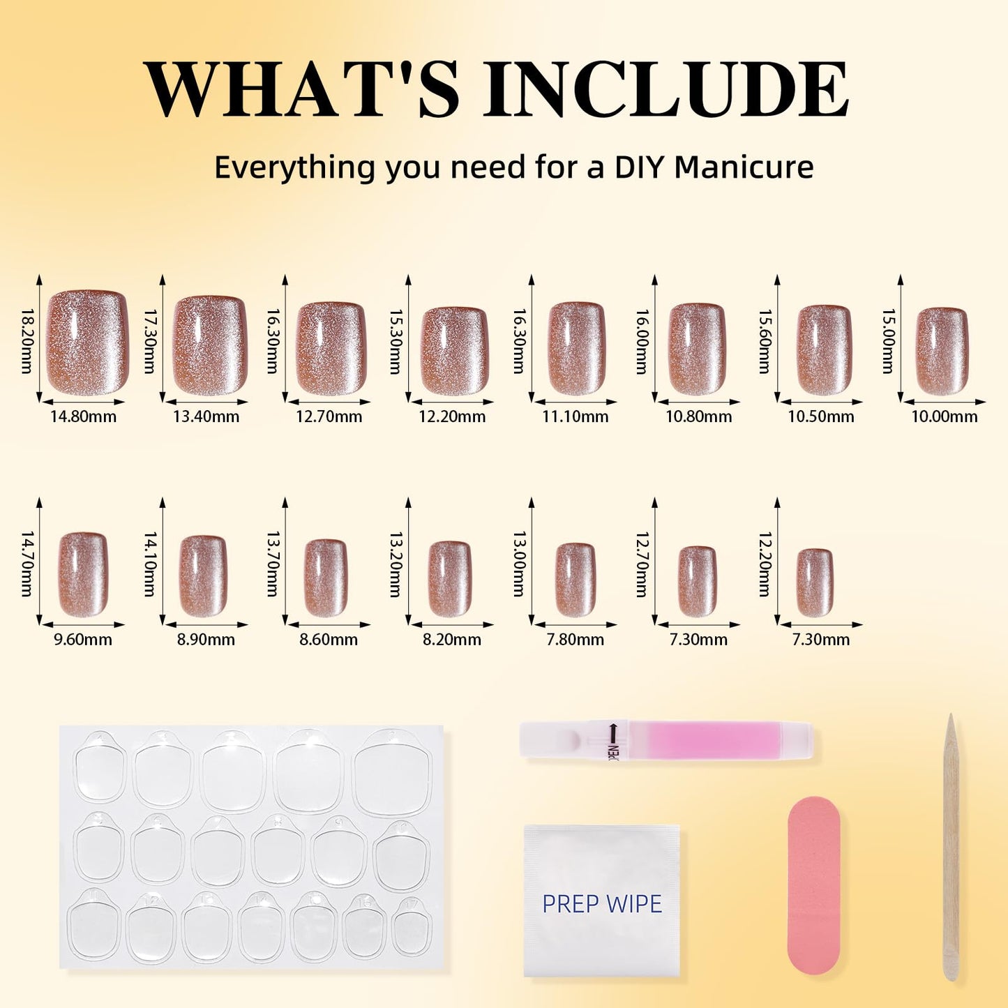 Leefrei Cat Eye Press On Nails Short Square - Warm Gold Brown Shimmer Nails Press ons Reusable Glue On Nails for Women, 15 Sizes 30 Pieces Nail Kit with Glue, Amber Gold