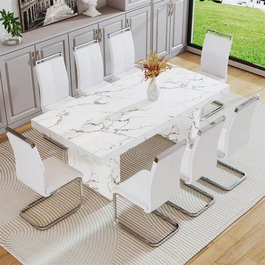 BAOPIN 79" Faux Marble Dining Table Set for 8, Dining Room Table Set for 8, Dining Table and Chairs Set for 8