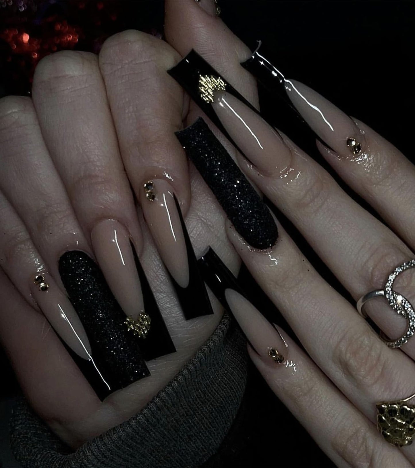 Press on Nails Extra Long - Aegenacess Square Press On Nails with 3D Heart and Rhinestones, Nude French Tips Y2K Fake Nails with Glue Sticker, Handmade 24 pcs Stick On Nails False Nail in 12 Sizes