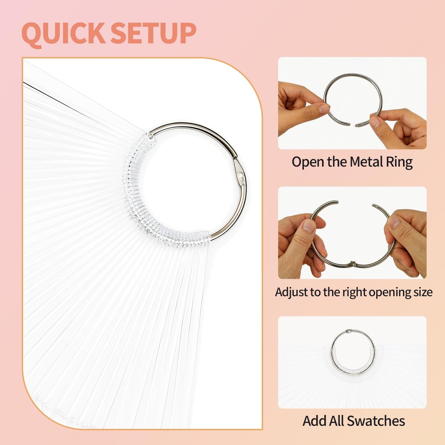 200 PCS Nail Swatch Sticks, Clear Plastic Nail Color Swatches with Metal Ring, False Fake Nail Art Tips Sticks for Gel Polish Display,Practice(Square Nail Sample Fan)