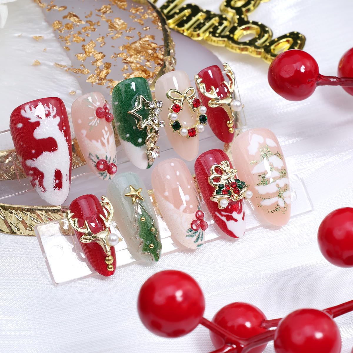 30Pcs Christmas Press on Nails Medium Almond French Fake Nails with Gold Elk Bell Star Rhinestones Design 3D Xmas Trees False Nails Full Cover Artificial Glue on Nails Winter Stick on Nail for Women