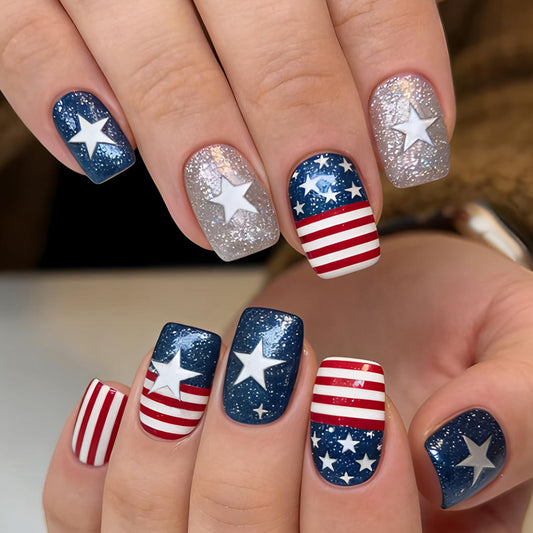 24Pcs Independence Day Press on Nails Short Square Artificial Fingernails American Flag Stars with Glitter Fake Nails 4th of July Glue on Nail Glossy Stick on Acrylic Nail for Women Festival Manicure