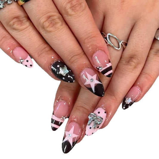 Long Press on Nails Almond Fake Nails Brown Artificial Nail Seeneey Y2K and Pink Stars Designs Cute Stick on Nail for Women 24pcs