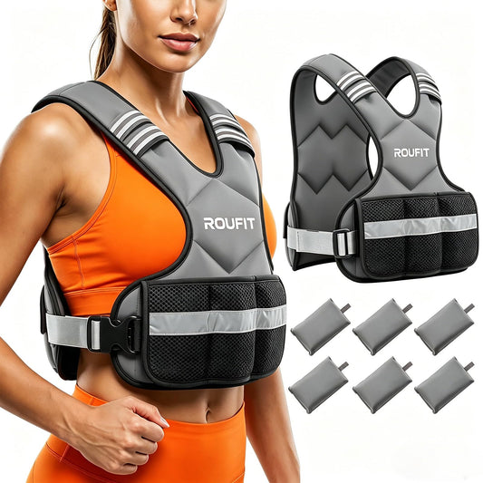 ROUFIT Women Adjustable Weighted Vest 4-10lb/6-15lb | Soft Neoprene Comfort, Reflective Strips & Front Pocket | Rucking Vest for Men & Women | Running, Walk & Cardio Workouts (Gray, 6-15 LB)