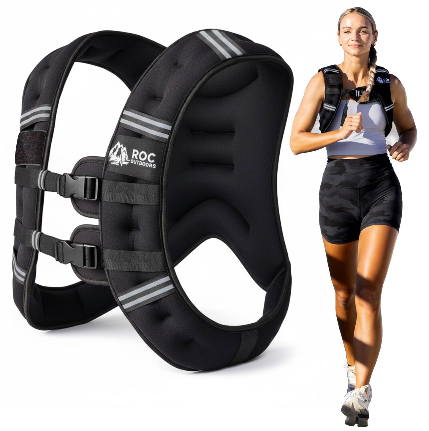 Roc Outdoors Weighted Vest W/ Rub-Free Technology for Woman and Men, 5lb/10lb/15lb/20lb/30lb Weight Vest with Reflective Stripe for Workout, Strength Training, Running, Walking, Fitness, Weight Training, Weight Loss, Weightlifting (Black, 30lb)