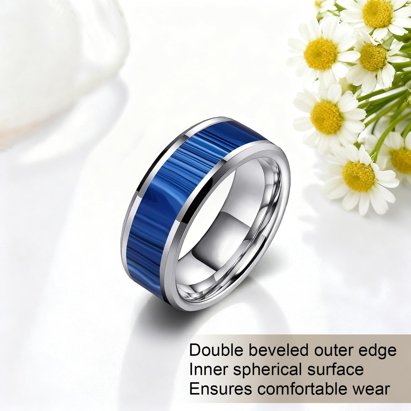 HJIMMNHONG New Carbon Fiber Fashion Rings Double Beveled Edge Delicate Polished Simple Stainless Steel Mens and Women Rings,8mm,Size Available (Peacock Blue, 11)