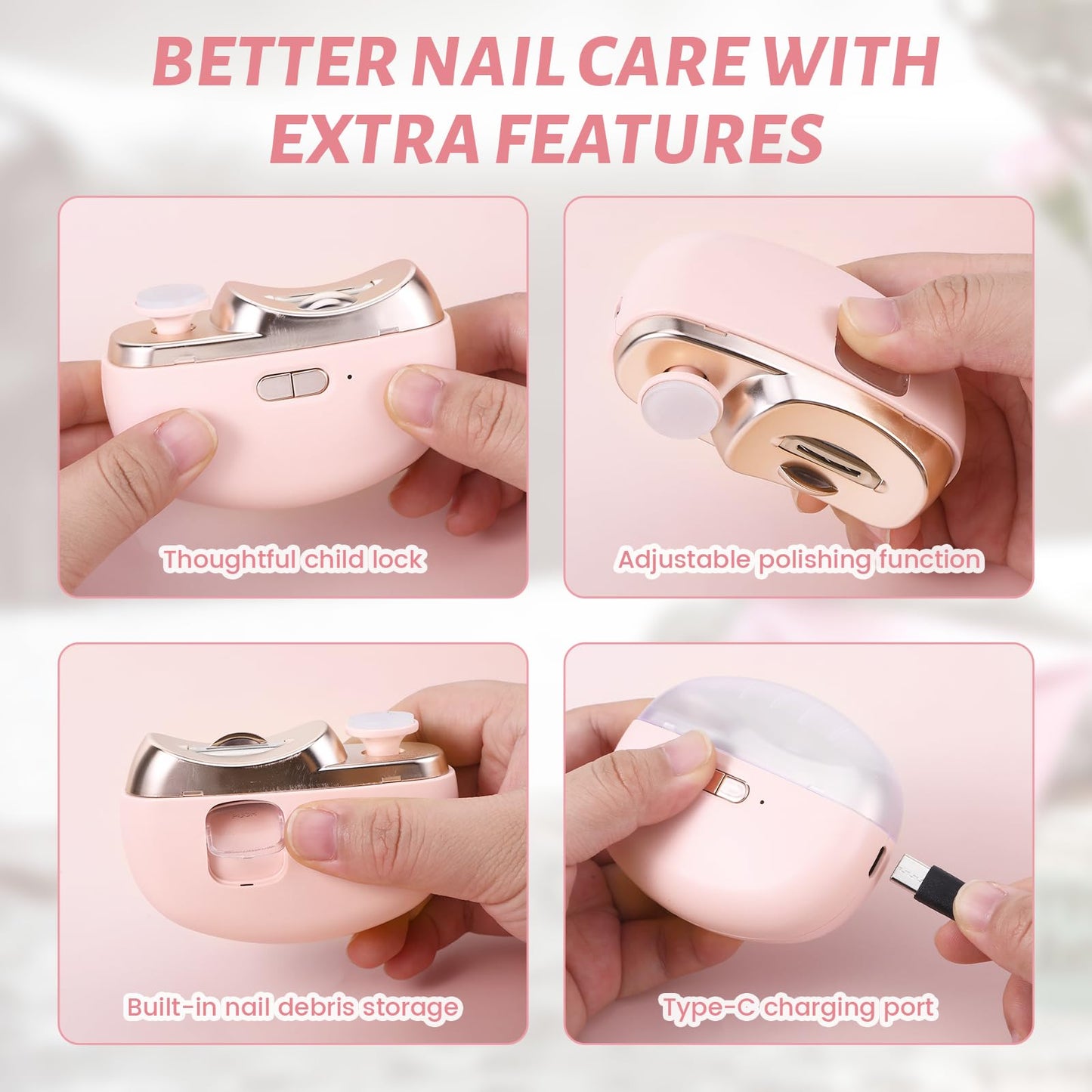 3 in 1 Electric Nail Clipper for Seniors, Baby Nail Trimmer Electric Automatic Trimmer, Safe Electric Toenail Clippers Nail File Tools for Adult, Manicure Kit Grinder with Polishing(Pink)