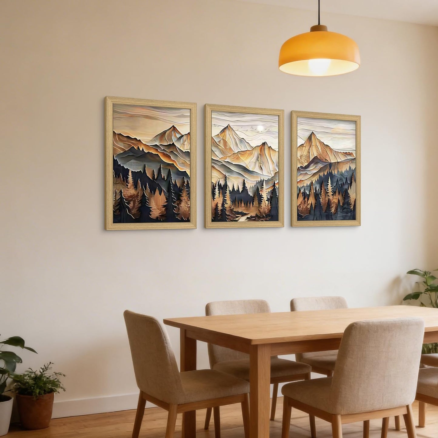 Framed 3D Texture Mountain View Canvas Wall Art Landscape Oil Painting Nature Poster Gallery Relief Technology Artwork Forest Scenery Wall Decor Painting Living Office 16x24inchX3 Ready to Hang