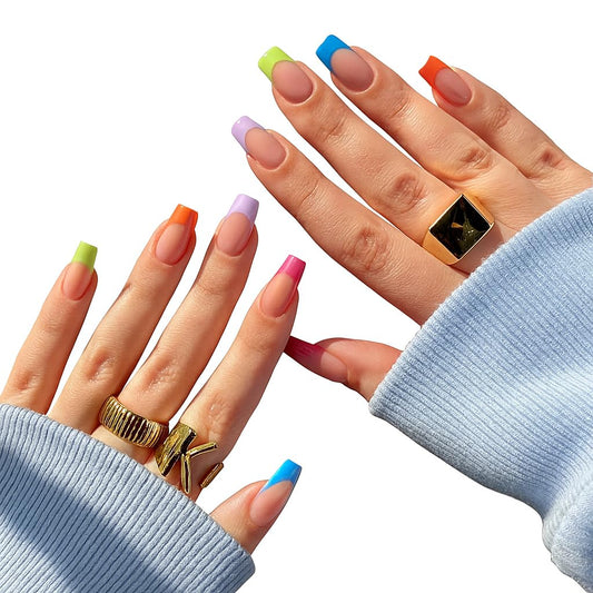 Colorful French Tip Press-On Nails – Coffin Shape, Reusable & Long-Lasting – Multicolor glossy Tips – Summer Nail Set for Women & Girl - 24 PCS Fake Nails with Nail File & Glue Tabs