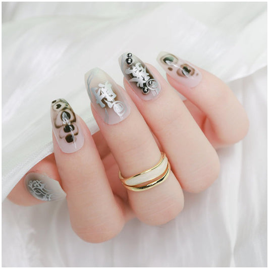 GALSPRO Short Press on Nails - Set of 24 Fake Nails with Designs in 12 Different Sizes for Perfect Fit, Cute False Nails Kit for Women with 0.07oz Nail Glue (MAKE A FORTUNE COFFIN SHAPE, Short)