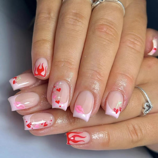 Press On Glossy Full Cover Acrylic Short Length Square French False Nails with Heart Lips Flame Designs Artificial Square Shaped Fake Nails Glue Ons for Women Girls