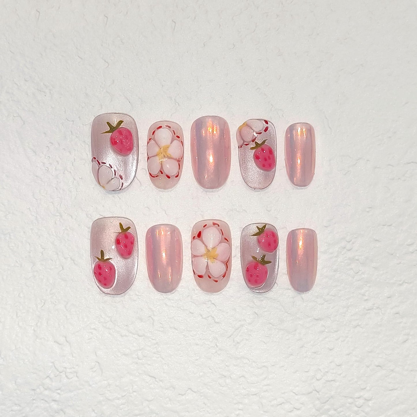 TENPAL Press on Nails 10Pcs with Tools Kit,3D Strawberry Spring Summer Pink Aurora Fake Nails,Cute Floral Almond Short Nails,Full Cover False Nails Simple Blush Glue on Nails Sweet Summer Nails(XS)