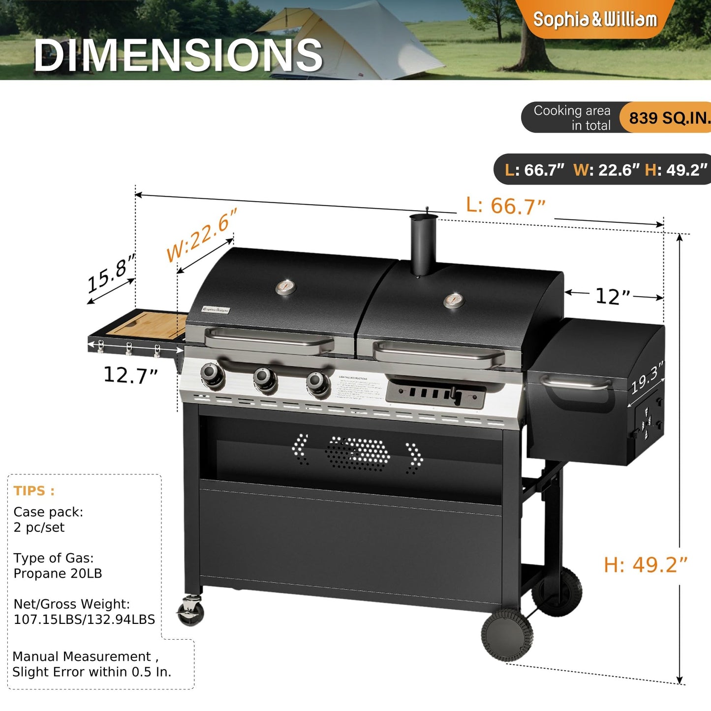 Sophia & William 3-Burner Gas and Charcoal Grill Combo with Offset Smoker - Dual Fuel BBQ Grill, 840 sq. in. Cooking Area, Heavy Duty Propane Barbecue for Outdoor Patio Cooking, Black