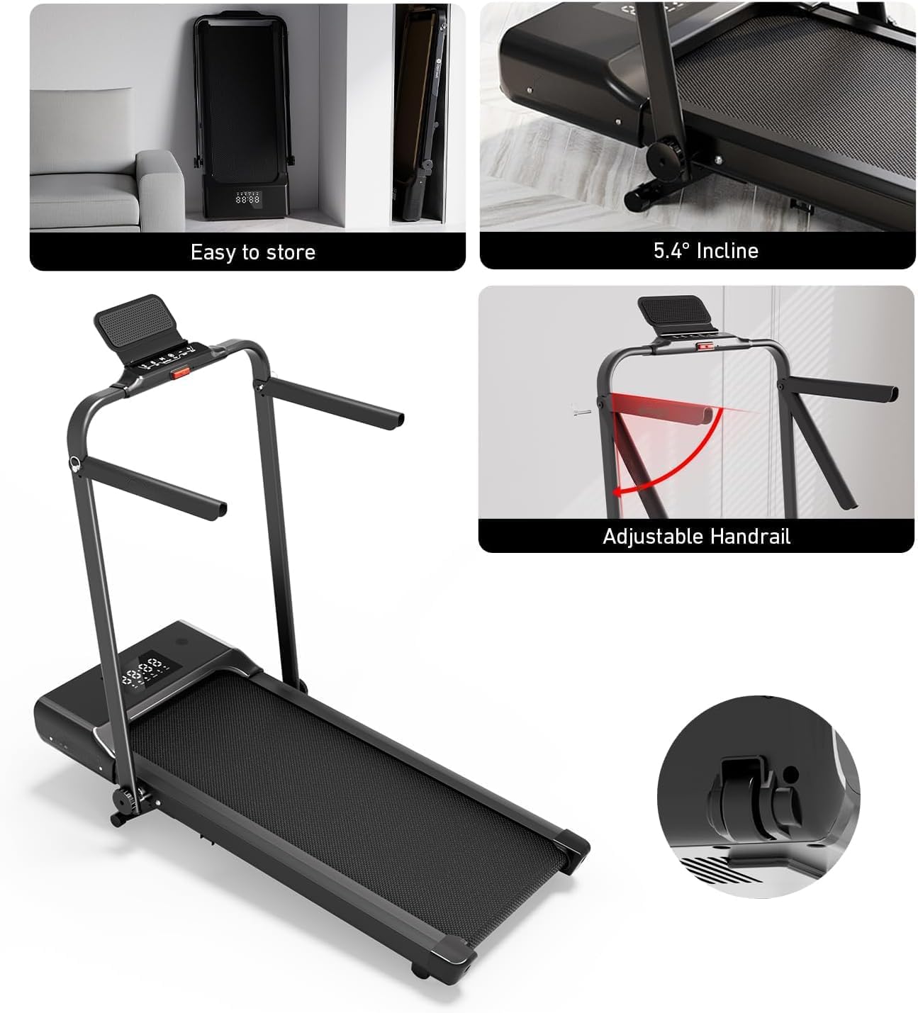 DeerRun Foldable Walking Pad Treadmill for Home & Office, Under Desk Walking Pad Treadmill with 9% Manual Incline and Handlebar, 0.6–7.5 MPH, 300 lb Capacity, App & Remote Control