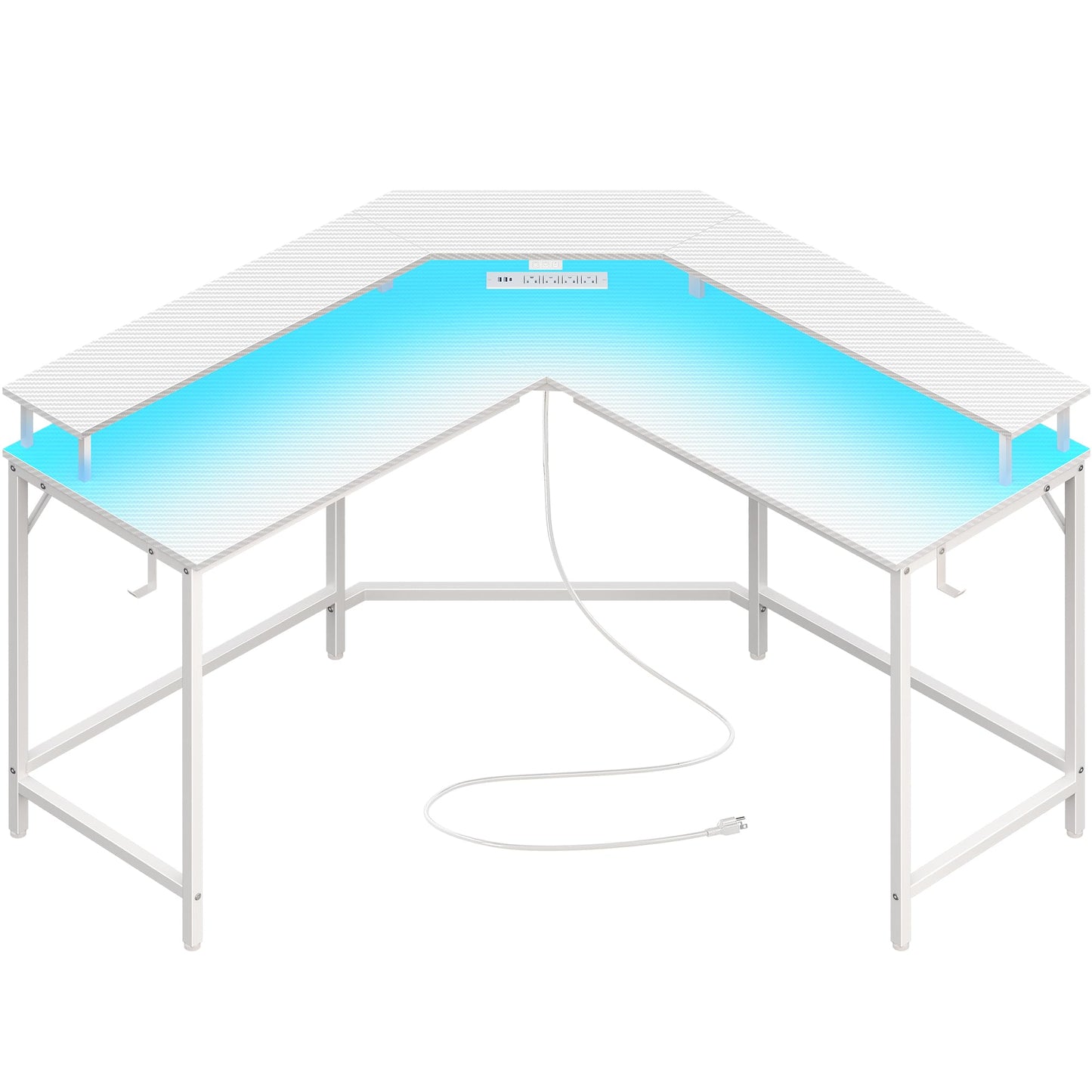 Huuger L Shaped Gaming Desk with Power Outlets & LED Lights, Computer Desk with Monitor Shelves, Carbon Fiber Surface, Home Office Desk, Corner Gaming Desk with Hooks, Carbon Fiber White