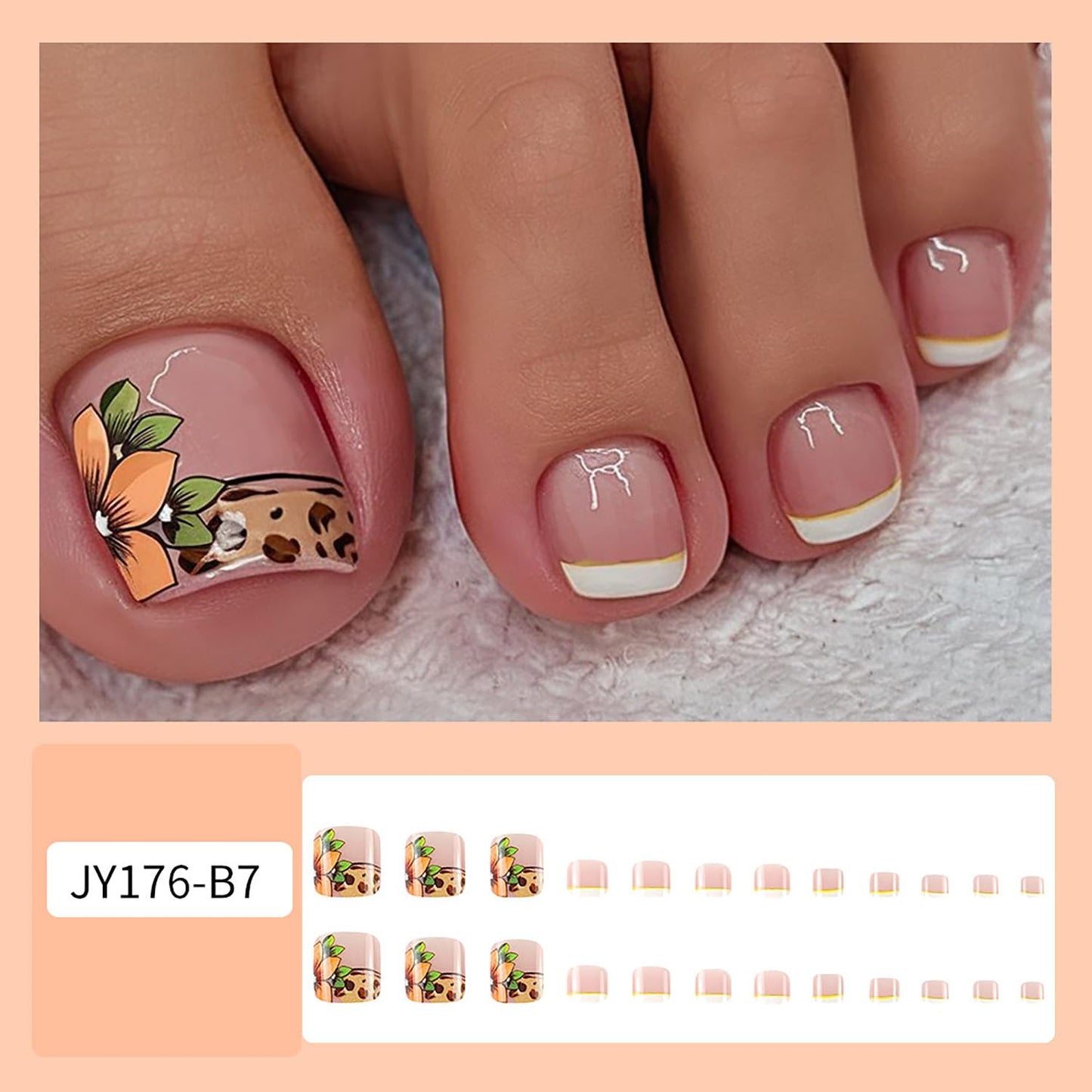 FIEONCIY Press on Toenails with Designs Acrylic Fake Nails for Toe Artificial False Nails with Charms Glue on Toe Nails for Spring Summer Stick on Toenails for Women Girls(JY176)