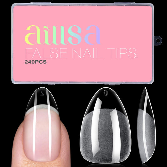 AILLSA Short Almond Nail Tips - Thickened Pre-shaped False Nail Tips Short Almond Shaped Half Matte Nails Tips, Fake Nails Extension 240pcs 15 Sizes with Storage Box