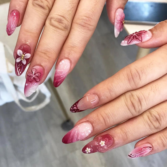 Flowers Press on Nails Medium Almond Fake Nails with Glue Pink Gradient Flower Butterfly Design Acrylic Nails for Women DIY Manicure Decoration 24PCS