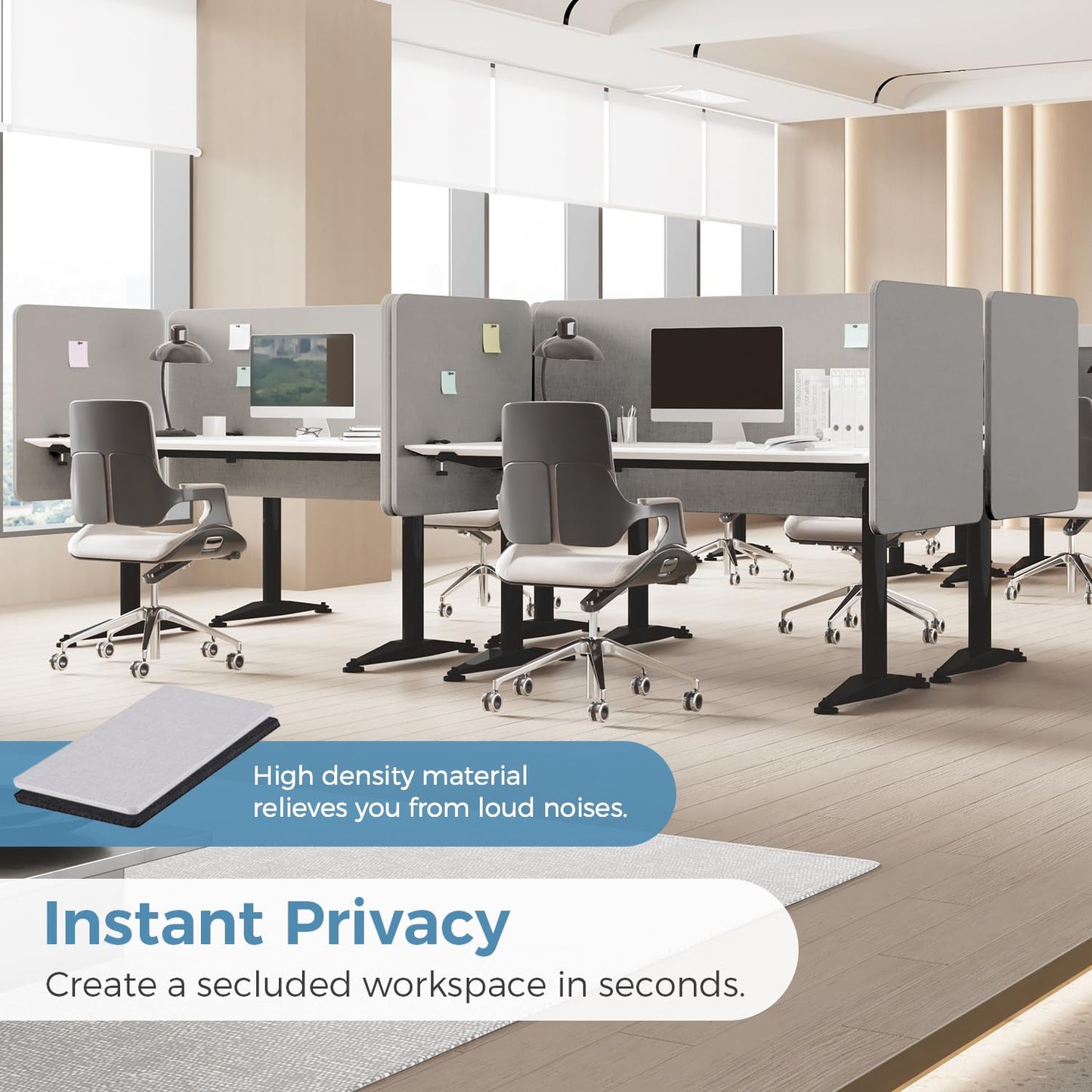 MORDEER 47.2 Inch Desk Divider Panels Set, Acoustic Divider Panel for Privacy, Fabric Wrapped Room Dividers for Office, Easy Assemble, Light Grey
