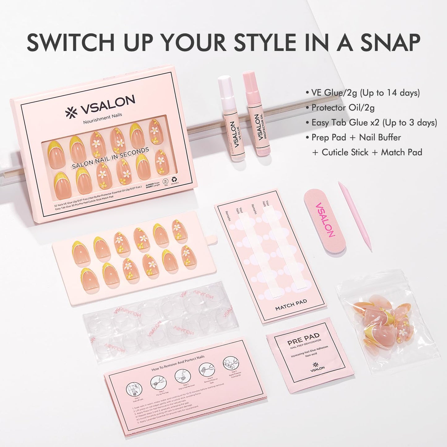VSALON Press on Nails Short Almond - French Tip Lemon Yellow 3D Flower Design Fake Nails Kit, Floral Spring Summer Salon Gel Glue on Nails with Glue & Cuticle Oil - 32 PCS Stick on Nails in 16 Sizes