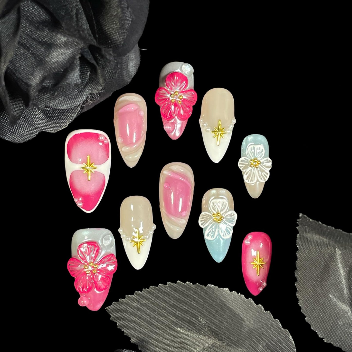 Handmade Press On Nails, Medium Almond Shape, Cherry Blossom Design with Gold Stars, Pearl Accents, Pink Blue Nude Colors, 3D Floral Reusable Acrylic False Nails (Bouquet lace, L)