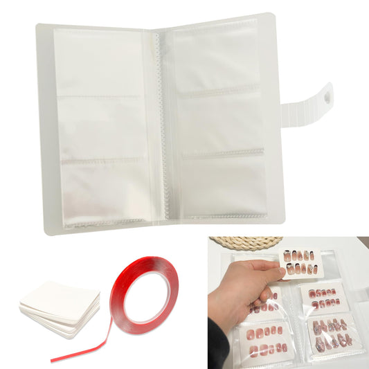 Press On Nail Storage Book Empty Press On Nails Packing Book Set Nail Organizer Display Accommodate 42 Pairs Press On Nails with 10m Double-Sided Adhesive Tape and 50pcs Nail Display Cards