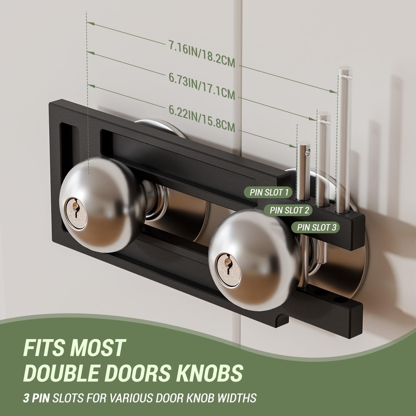 BINOTE French Door Lock for Double Doors, Adjustable Double Door Lock for Home Security Prevent Kick Ins, 3 Pin Slots for Various Knob Width