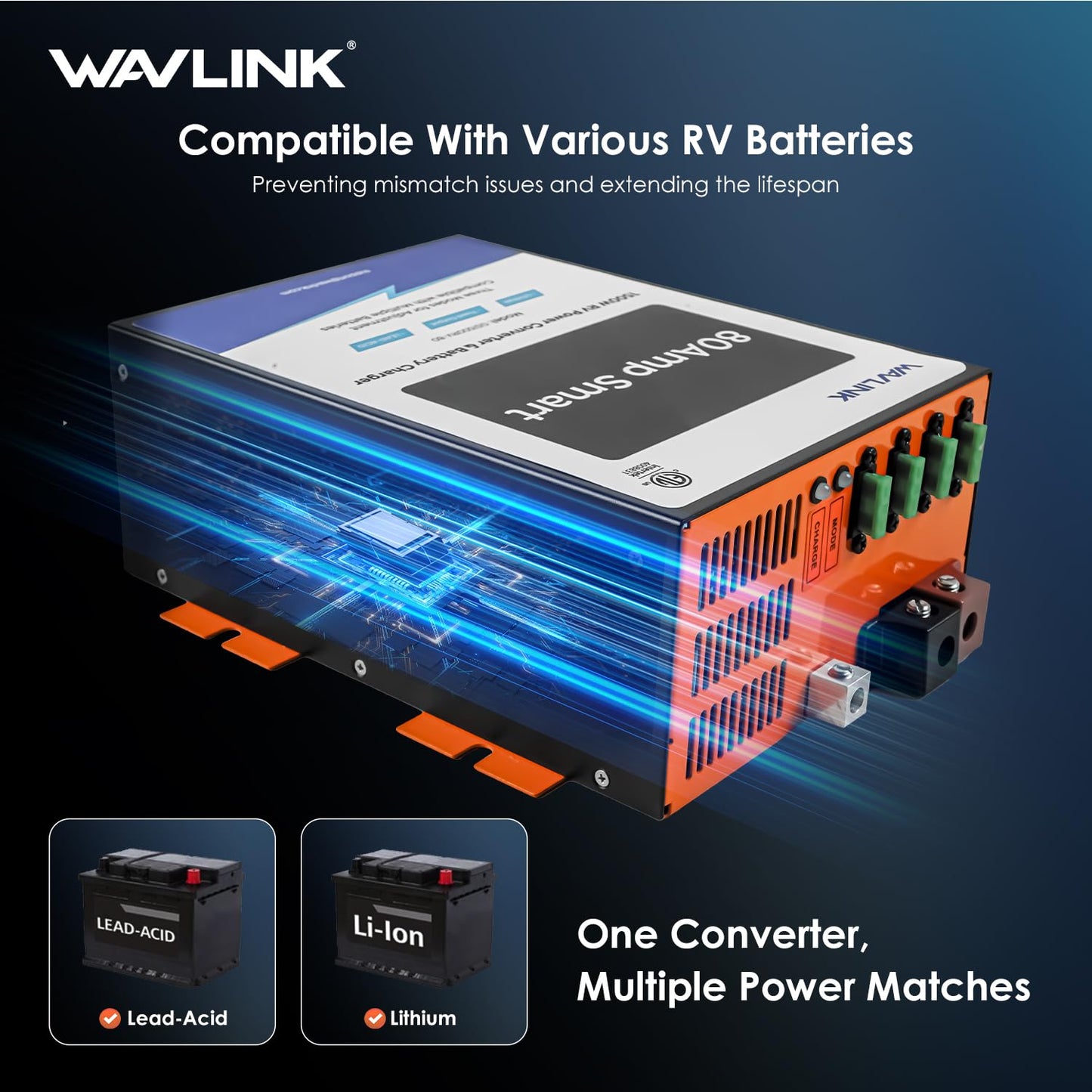 WAVLINK 80 Amp RV Power Converter, 120V AC to 12V DC Battery Charger with 3 Smart Charging Modes, 13V-16.5V Adjustable Operating Range, Multi-Stage Charging