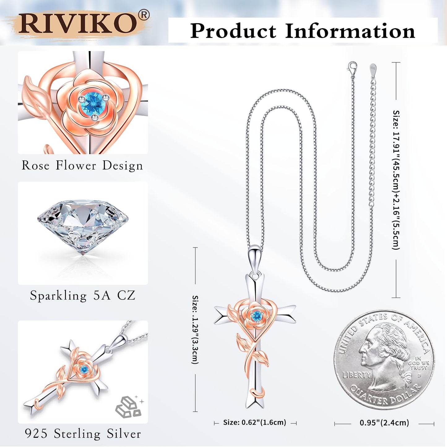 RIVIKO Mothers Day Gifts for Mom-925 Sterling Silver Cross March Birthstone Necklace for Women Anniversary Jewelry Gift