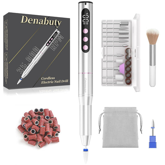 Denabuty Electric Nail Drill Cordless, 35000RPM Portable Electric Nail File with LCD Display and 12 Nail Drill Bits for Acrylic & Gel Nails, Professional Manicure & Pedicure Kit Set Silver