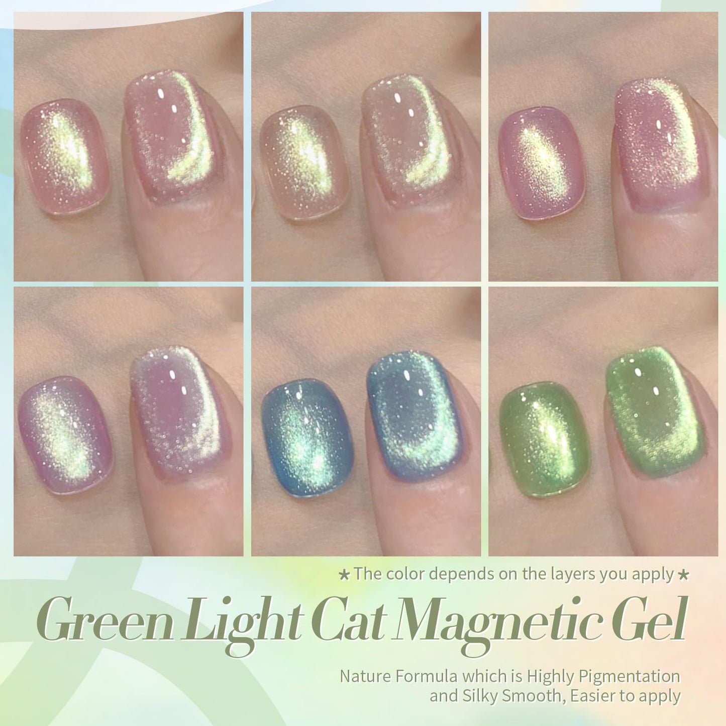 Born Pretty Cat Magnetic Eye Gel Nail Polish, Shimmer Glitter Holographic Auroas Gels Spring Summer Pink Green Blue Translucent, Gel Polish Set Manicure Salon Nails Art DIY at Home